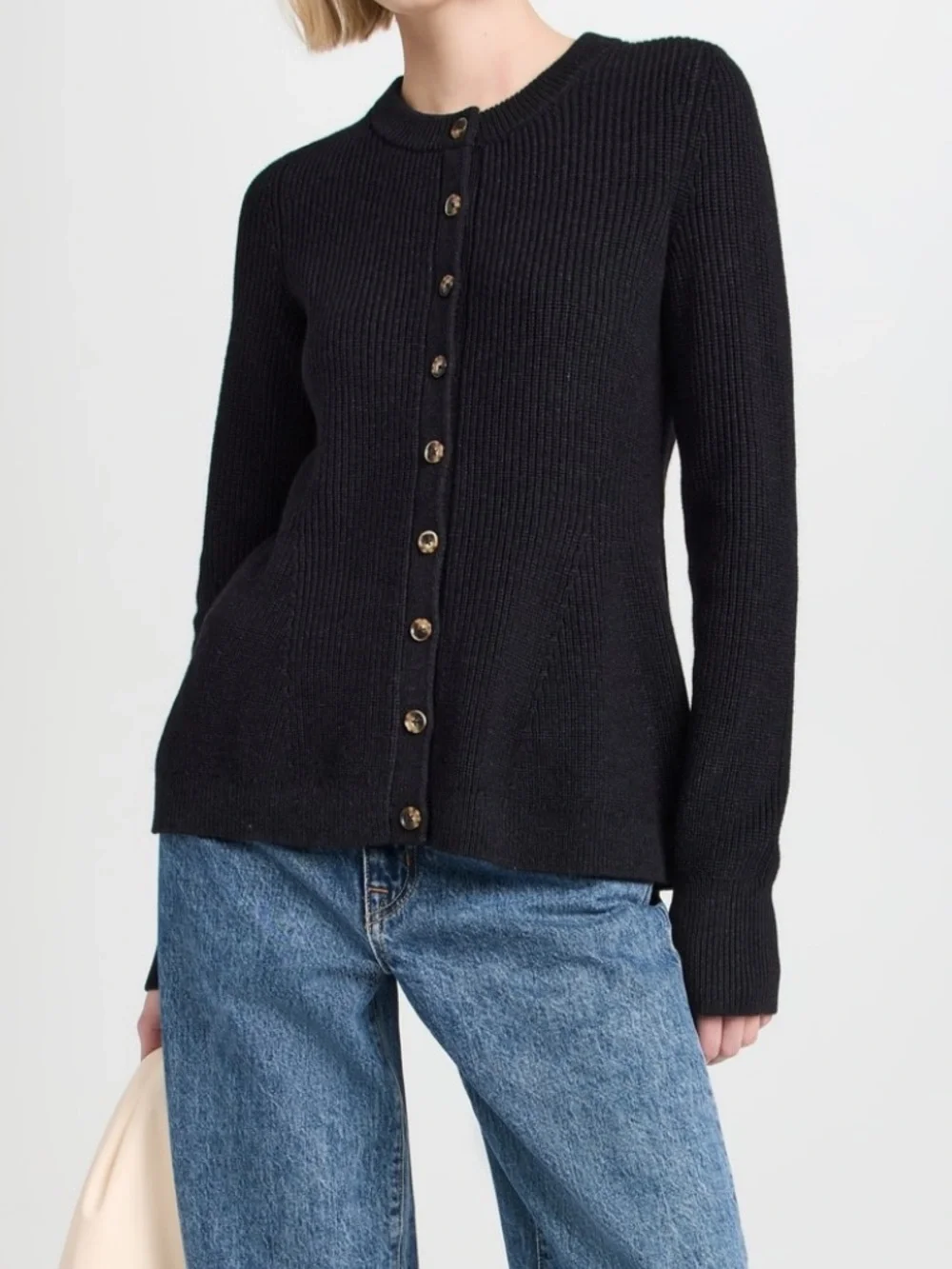 La Ligne Ribbed Flare Cardigan Sweater Peplum Navy Blue Medium - Picture 7 of 9